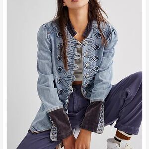 Denim Military-Style Jacket with Contrast Cuffs